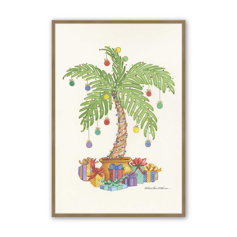 Palmier des fêtes avec imprimé ornements, Cadre simple brossé doré, H 15,25 po x l 12,25 po x P 1,25 po