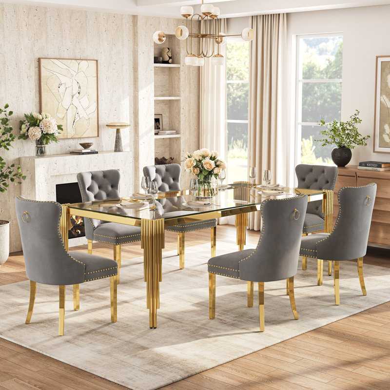 7-Piece Dining Table Set, 80" Rectangular Tempered Glass Dining Table, Stainless Steel Round Tube Legs, 6 Velvet Upholstered Dining Chairs With Tufted Nailhead Accents And Stainless Steel Frame