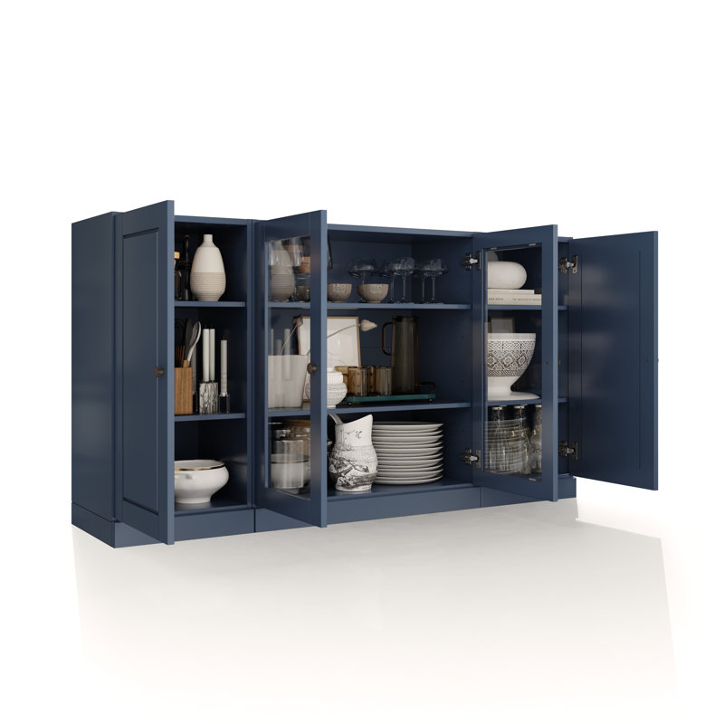 Buffet 100% bois massif 65 po avec portes en verre transparent et tablettes réglables, Bleu antique