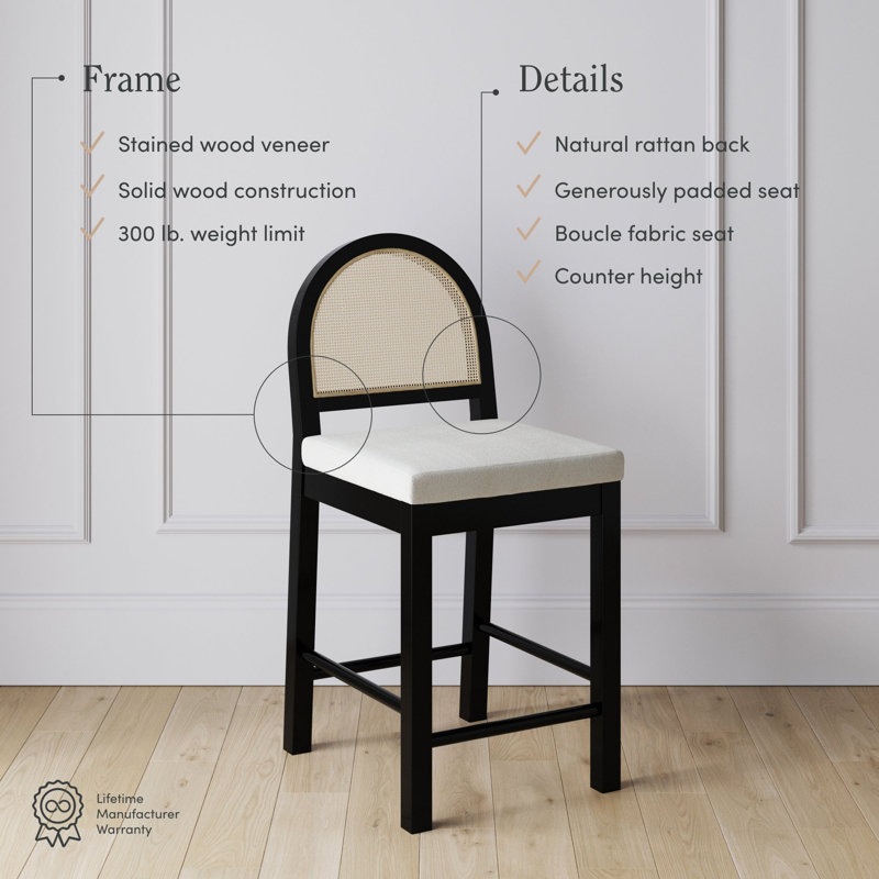 Boucle Upholstered Bar Stool with Woven Rattan Backrest, Cream/Black Oak, 1, Counter Stool (24” Seat Height)