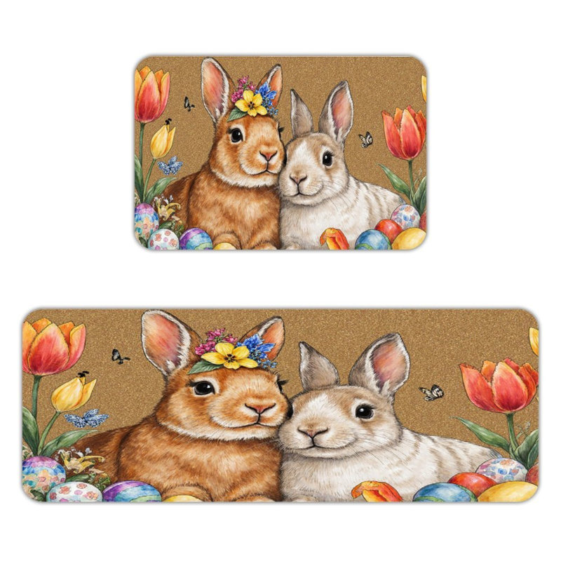 Lapins de Pâques avec tulipes, 2 tapis de cuisine antidérapants
