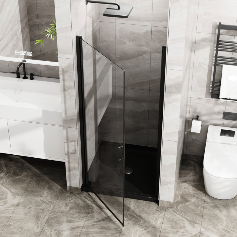 34"X72" Shower Door With Pivot, 1/4" Tempered Glass, Black Semi-, Waterproof Feature, Strong Handle, 180 Swinging 90 Water Barrier Enhancement Pivot Door, Magnets, Long-Lasting Rotating Leak