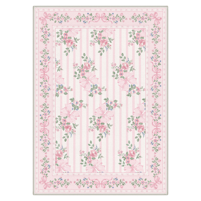 Bloomere Floral Machine Washable Blush Bow Indoor Area Rug With Non-Slip Backing, Rectangle 5' x 7'