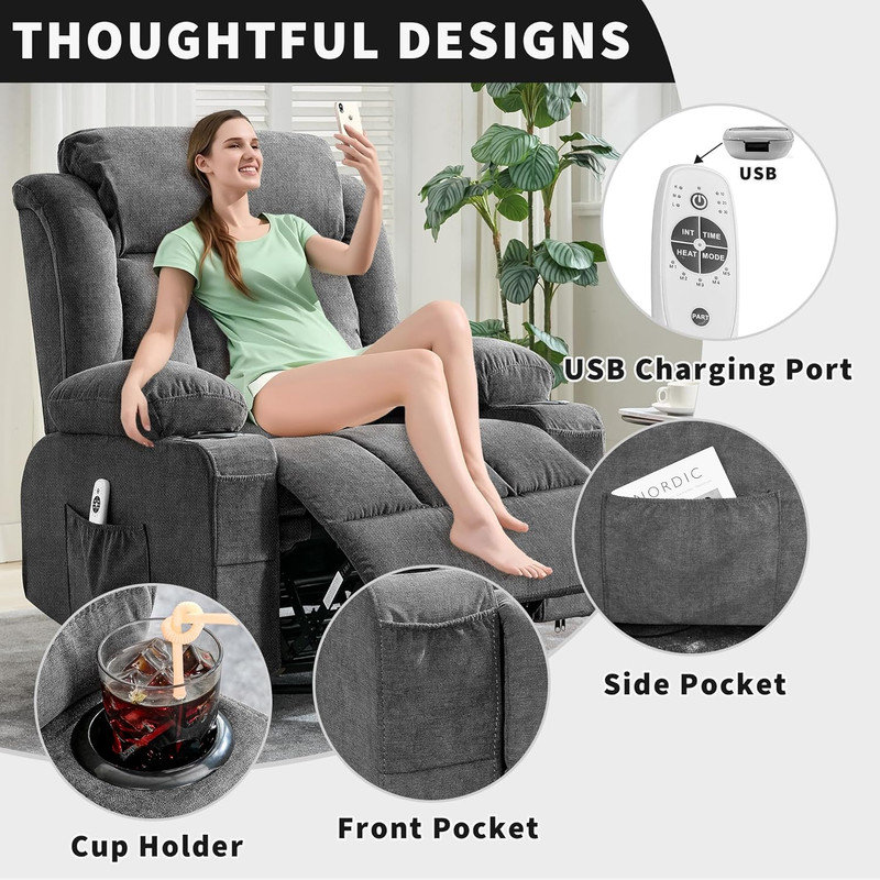 360° Swivel Rocker Recliner with Heat & Massage, USB Ports & Cup Holders, Oversized Single Sofa, Gray