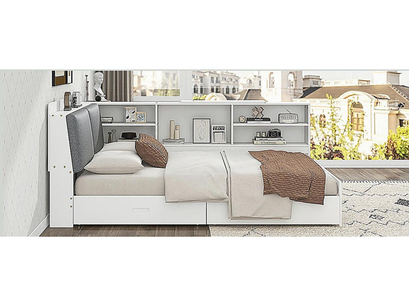 Lit plateforme double en bois avec tête de lit, tablettes et 2 tiroirs, Blanc