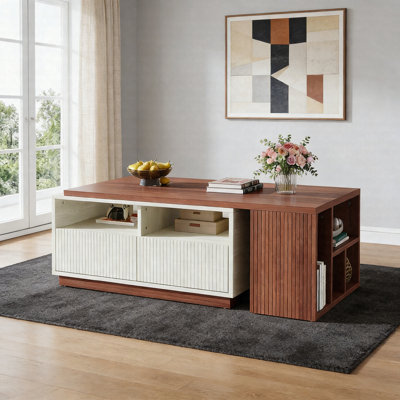 Extendable Coffee Table, Reversible Center Cocktail Table With 2 Drawers & Hidden Storage