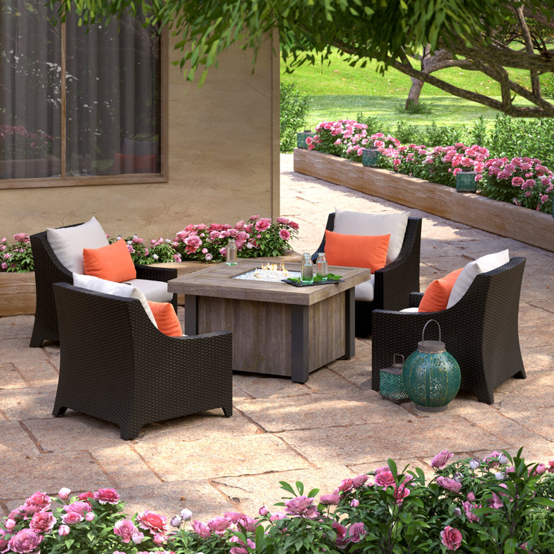 Deco 5 Piece Fire Pit Set with Cushions, Cast Coral Sunbrella® Plainweave