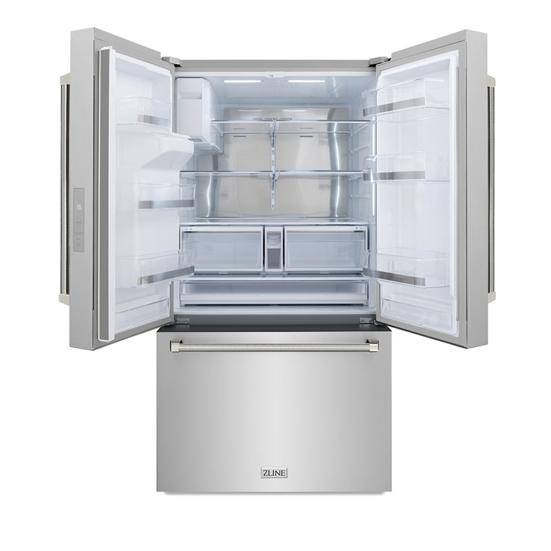 ZLINE Autograph 36 in. Stainless Standard-Depth Fridge w/ Dual Ice Maker & Nickel Helix Handles, Polished Nickel