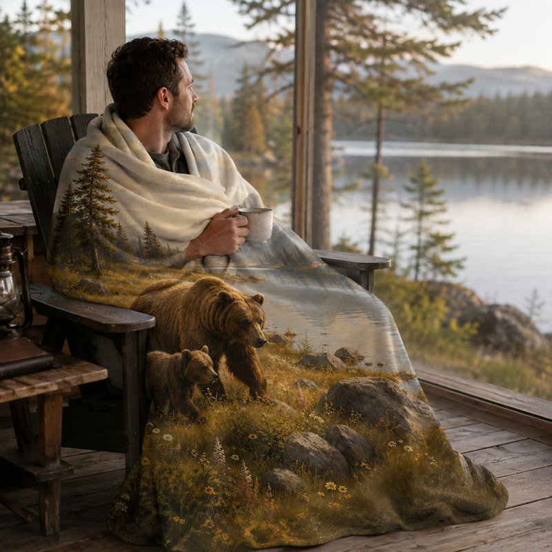 Couverture en flanelle à motif ours grizzly et son ourson, lac de montagne et prairie fleurie, imprimé animalier pittoresque pour canapé, lit, chalet, gîte, 127 x 152 cm