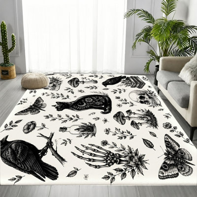Gothic Whimsical Area Rug, Black White Raven Skull Mushroom Butterfly Mixed Print, Creative Artistic, Machine Washable, Non‑Slip Backing, Unique Indoor Rug for Living Room, Bedroom, Dormitory, Apartment
