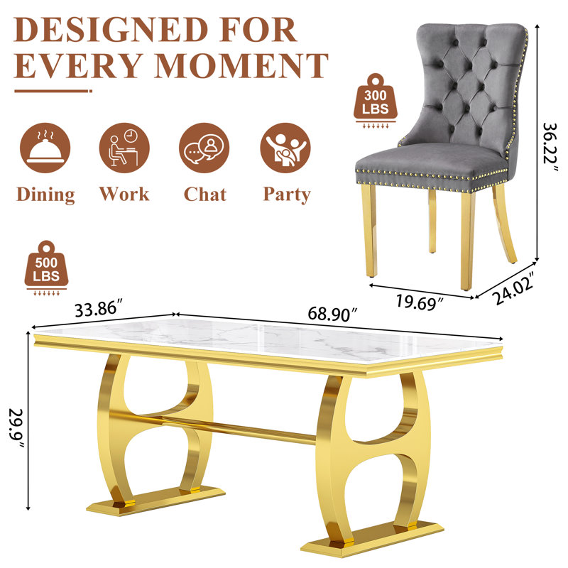 69" Faux Marble Dining Set Of 7, Stainless Steel H-Frame Table & Velvet Tufted Seating With Ring Pulls, Gold, Gray/Gold