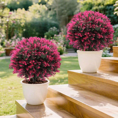 Buisson artificiel en forme de topiaire artificiel en bois de rose de 25 pouces avec épi de sol, arbustes de verdure artificiels résistants aux rayons UV, plantes artificielles pour le jardin, la cour, le porche, les plantes artificielles d'extérieur, ensemble de 2