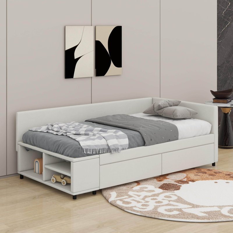 Lit plateforme simple tapissier en forme de L avec tiroirs, Beige