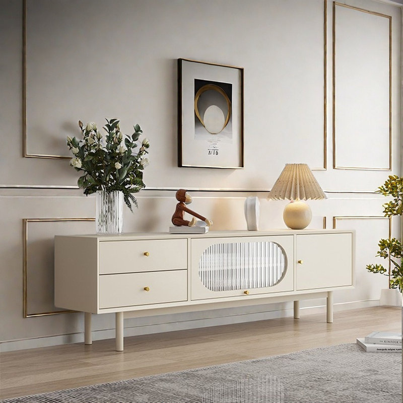 Meuble télé en bois massif de style japonais, Crème, crème, 78.74"