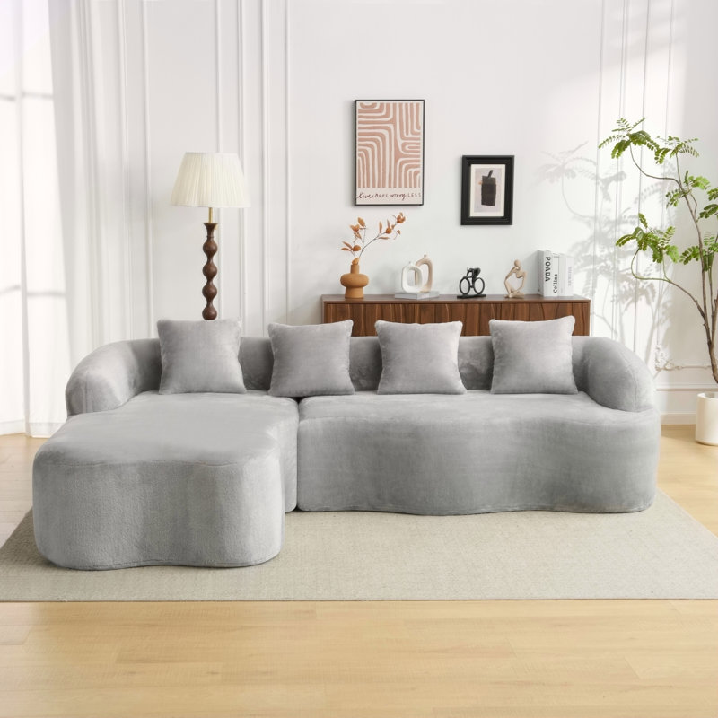 Canapé modulaire en L à compression complète avec méridienne incurvée, canapé en chenille gris modulaire, haute densité pour le salon en appartement