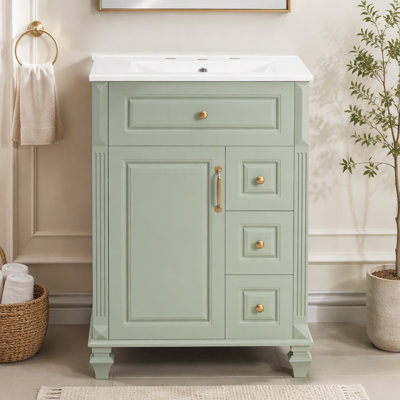 Meuble-lavabo autoportant vert 24 po avec comptoir en céramique, bois massif et panneau de fibres à densité moyenne, 3 tiroirs, armoire de rangement