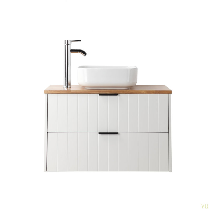 Meuble-lavabo mural 32 po à deux tiroirs + plateau en bois massif, lavabo carré en céramique, design minimaliste moderne, alliant fonctionnalité et style