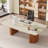 Travertine Slab Computer Desk With Semi-Circular Base In Wax Wood Finish