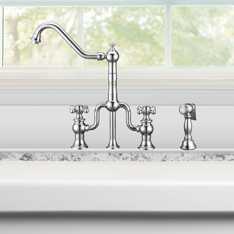 Whitehaus Bridge Faucet with Long Traditional Swivel Spout, Solid Side Spray, Polished Chrome, Cross Handle