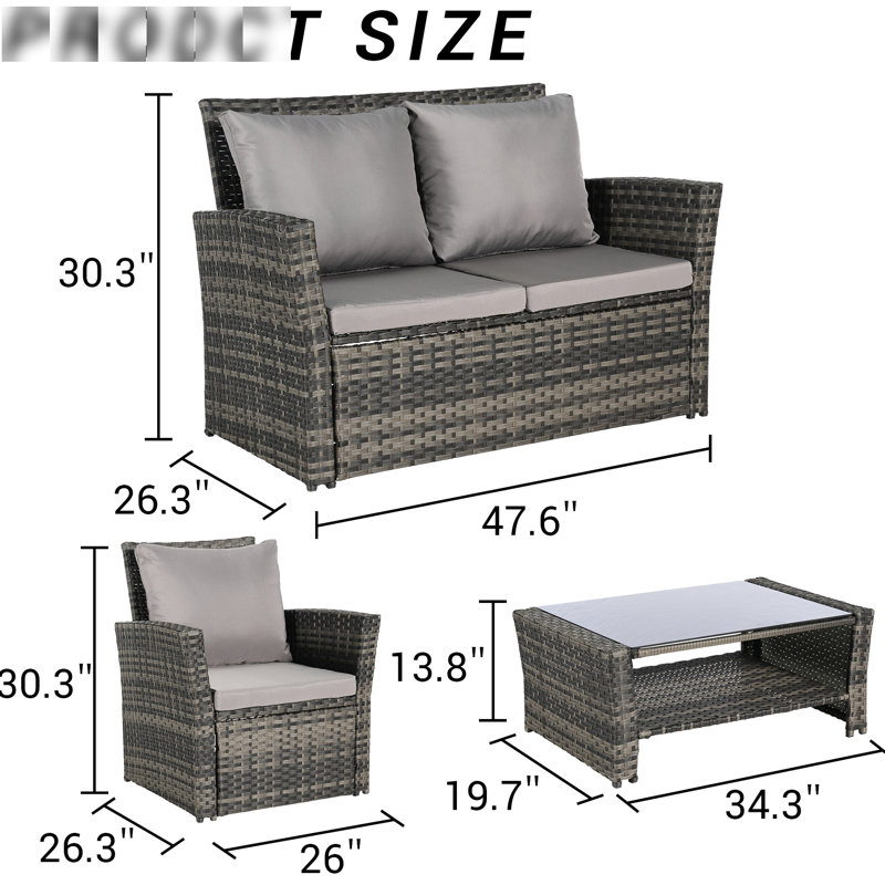 4 Pieces Outdoor Patio Chair : Long-Lasting Furniture With Water- Fabric & Tempered Glass Table For Lawn Stylish 4 : All-Weather Cushions