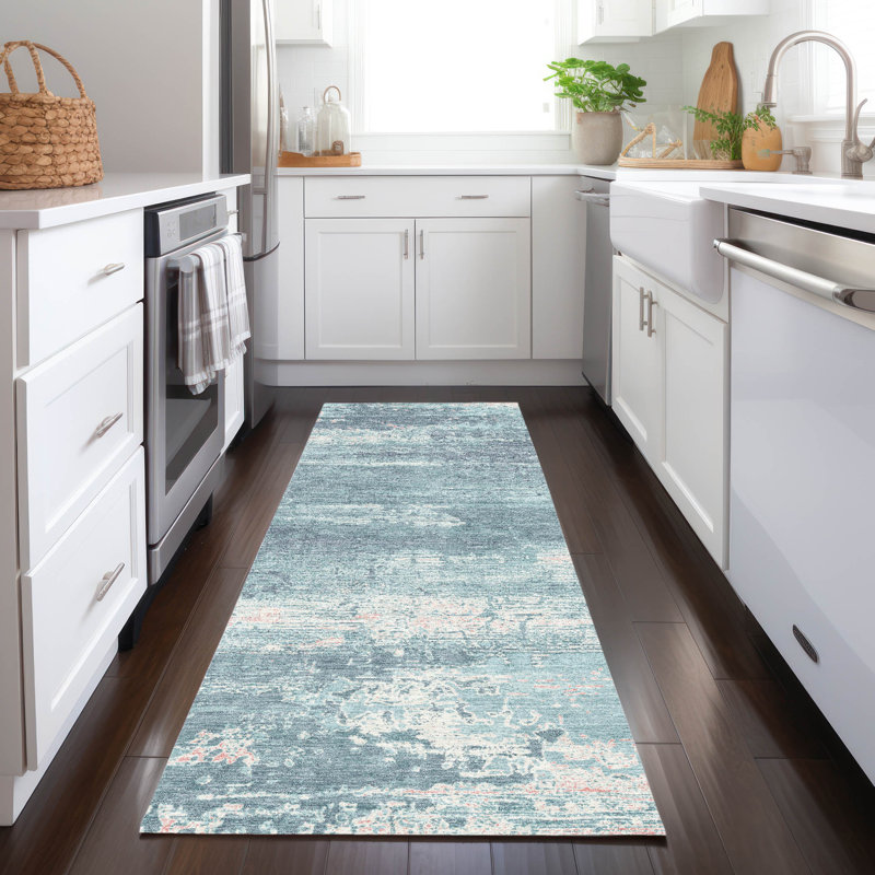 Tapis bleu sarcelle lavable à la machine intérieur / extérieur Xhevrie, Tapis de couloir 2 pi 3 po x 7 pi 6 po