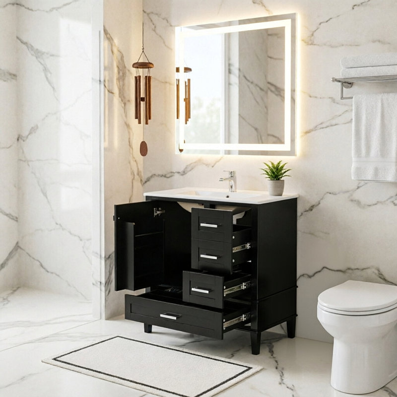 Meuble-lavabo de 76 cm (30 po), meuble de salle de bain moderne avec lavabo intégré, meuble de rangement avec 1 porte et 3 tiroirs à fermeture amortie, structure en bois massif, noir