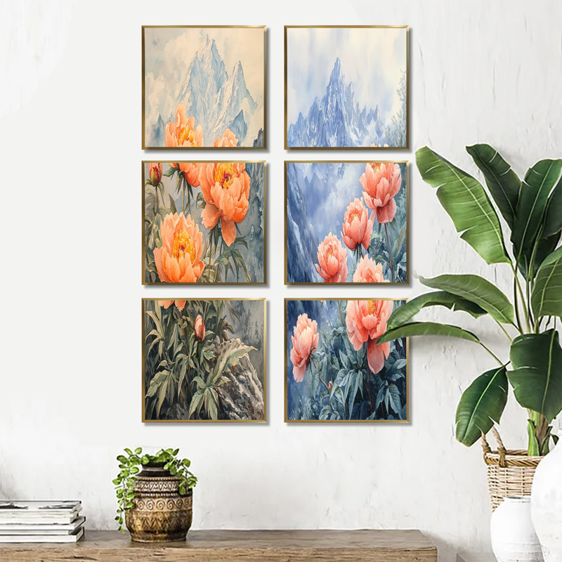 Pivoines et le sommet de la montagne - ensemble de 6 impressions florales sur toile, Impression encadrée sans passe-partout