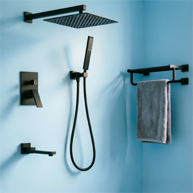 Système de douche à pluie mural 12 po avec douche à main Topcraft, Matte Black