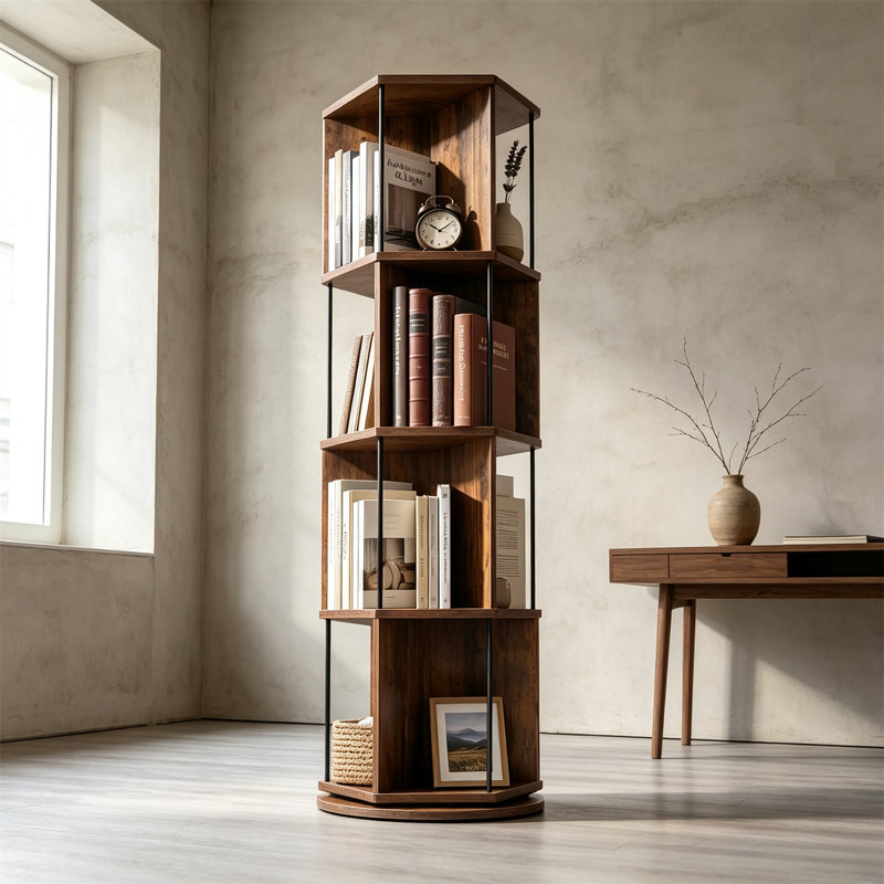 Corner Shelf, Rotating Bookshelf, Brown