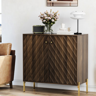 Art Walnut Sideboard Buffet For Kitchen And Foyer - Diagonal Wave Visual, Ample Storage Books, Quick Installation Dining Room Entryway Spacious Surface Flowers, Adjustable Shelves, Easy Assembly