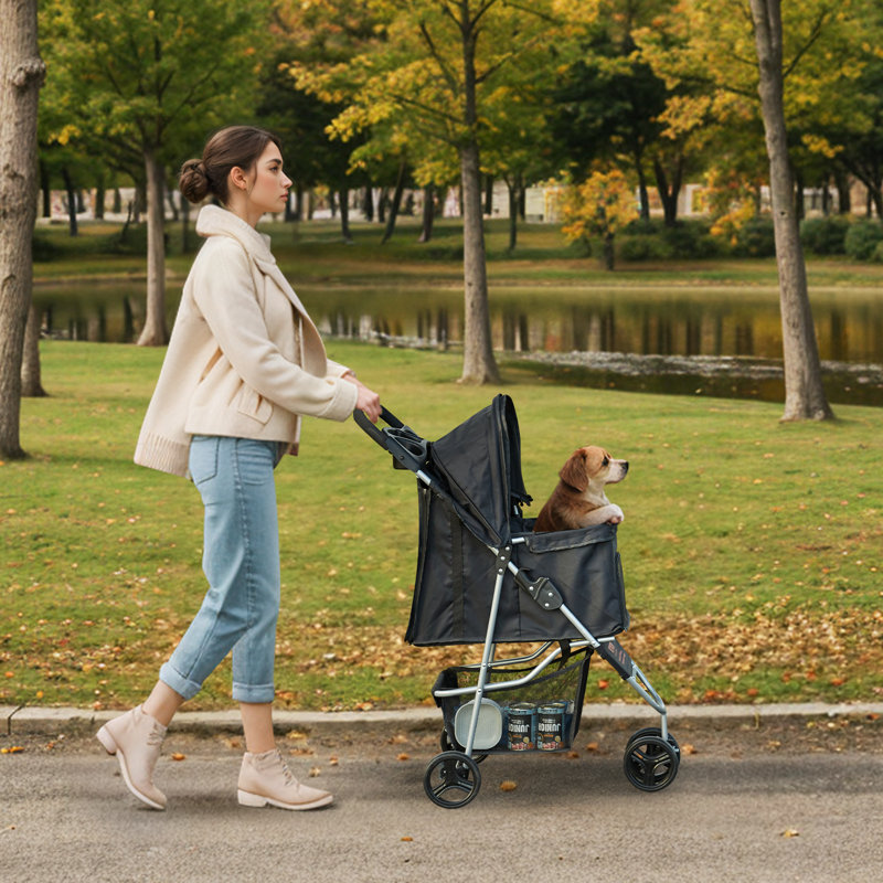 Black 3-Wheel Folding Pet Stroller with Storage Basket