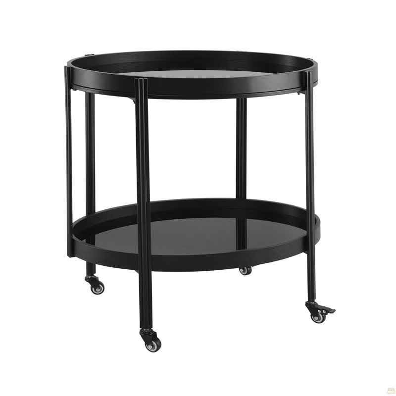 Chariot-bar ovale noir avec 2 tablettes en verre trempé noir