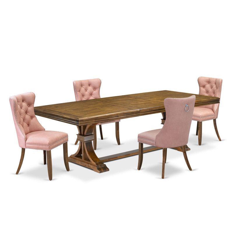 L'ensemble de table de cuisine 5 pièces se compose d'une table de salle à manger moderne et de 4 chaises de salle à manger en tissu de polyester rouge beige avec dossier capitonné - Finition noyer antique