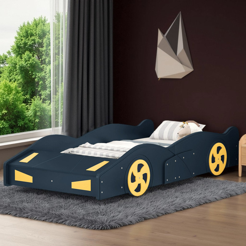 Lit plateforme pour enfants avec rangement innovant, Bleu, Lit simple