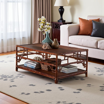 Clemency Brown Finish Natural Rattan Coffee Table With Open Shelf, 18.22" H X 41.75" W X 27.81" D