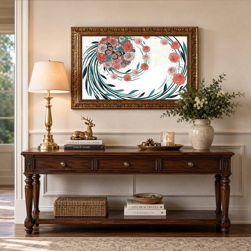 Art mural sur toile Coral Roses and Monarch Butterfly, 20"H x 30"W