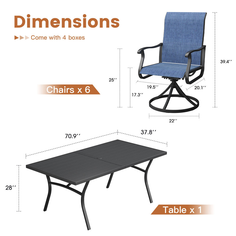 Ensemble repas d'extérieur 70,9 po avec très grande table rectangulaire et 6 chaises pivotantes en textilène , Bleu de cobalt