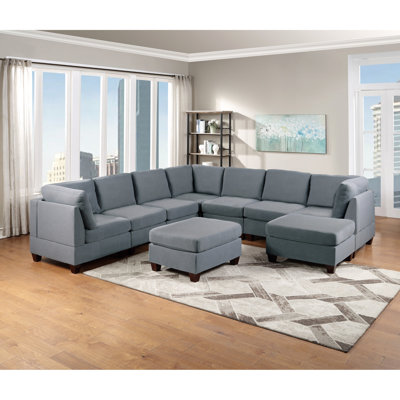 Canapé modulaire 9 pièces gris avec tissu en lin, repose-pieds et dossier confortable