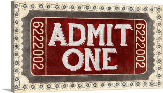 Admit One par Banducci - publicité imprimée, H 15 po x l 30 po x P 1,5 po, Toile