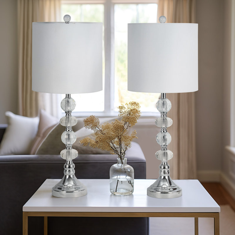 Decorative Glass Table Lamp for Living Room Decor - Desk Lamp for Bedroom Bedside and Small Side Table Accent - Set of 2, 28", Silver & Metallic