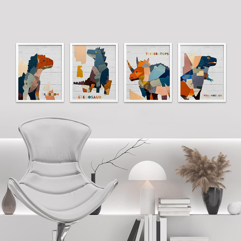 Petit garçon, chambre à coucher, dinosaure coloré, art contemporain encadré, 4 pièces, petit imprimé sur papier, Blanc