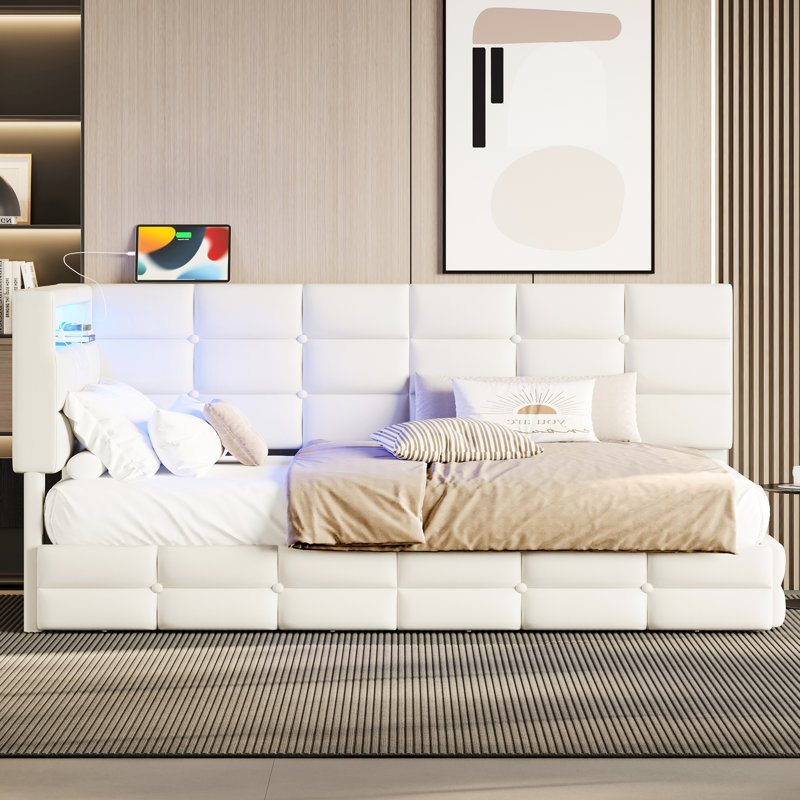 Lit de jour simple tapissier beige avec station de charge, 2 tiroirs et 7 lumières à DEL à options de couleurs, tiroirs de rangement