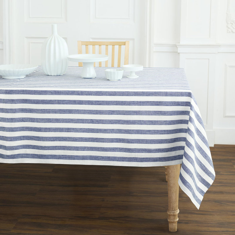 100% Pure Linen Tablecloth - Fete, 144" L x 60" W, Navy/White