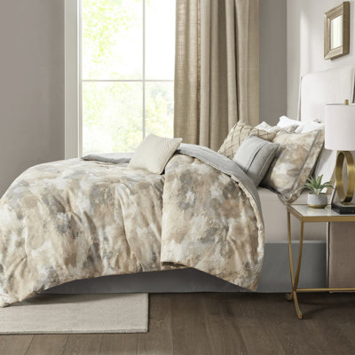 Édredon chic pour grande chambre à coucher - Tissage texturé gris, taupe, crème, motif abstrait, 3 coussins décoratifs, lavable à la machine, froissé, jupe de lit, 2 taies décoratives, mélange de coton 7 pièces avec imprimé gris uni