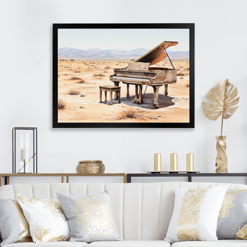 Desert Piano Melody II - Piano, art mural, Cadre doré à coins fermés, H 34 po x l 44 po x P 1,5 po