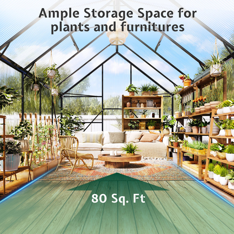 8' W X 12' D Heavy Duty Aluminum Polycarbonate Greenhouse With 2 Roof Vents And Locking Swing Door, Black