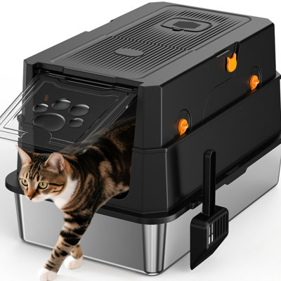 Cat Litter Box Of Stainless Steel - Keeps Odors Away, High Sided To Hold Litter, Has A With Hook For Storage, Silver And Black, Washable, 23.35 In. Depth, 14.73 Width, 15.86 Height, 6.96 Lb Crafted