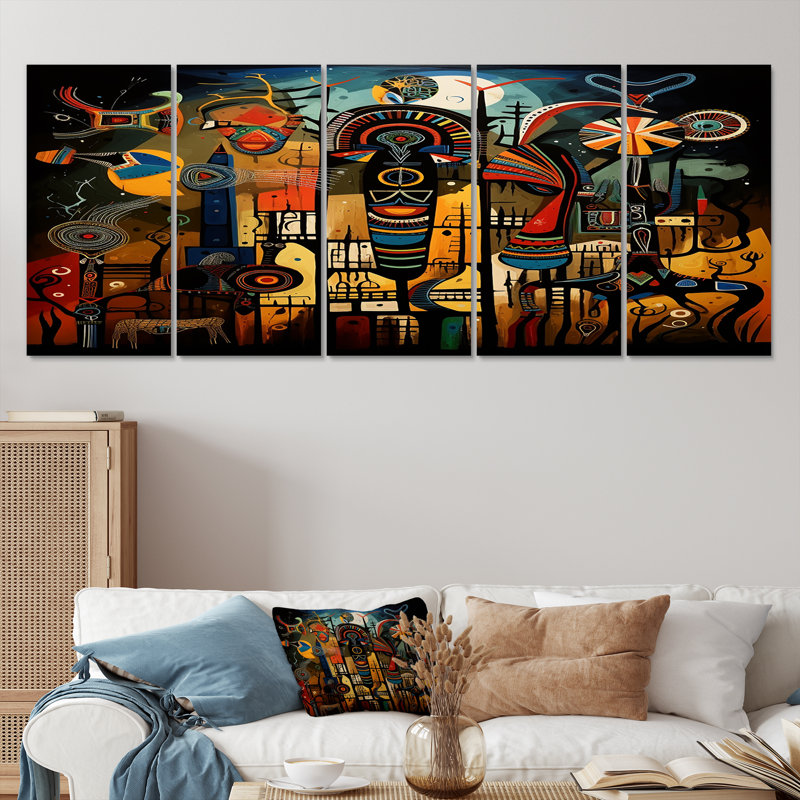 Abstrait paysage sub-saharien - Art africain, art mural pour le salon, 5 pièces, H 28 po x l 60 po
