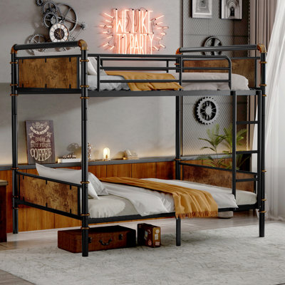 Twin XL over Twin XL Metal Bunk Bed, Industrial Detachable Bunkbeds with Safety Guard Rails for Teens, Black