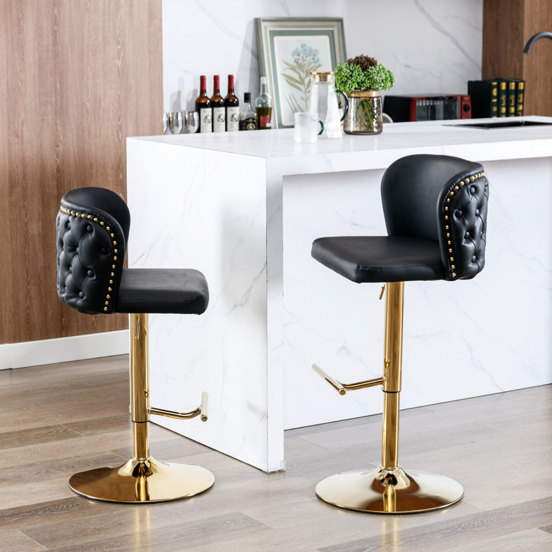 Modern Adjustable Seat Height - Pu Upholstered With Back For Home Pub, Kitchen Island ( Of 2 Black Seats Swivel Leather Upholstered, Pub & (black,
